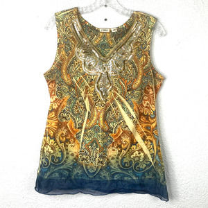 CATO Top Medium Womens Tribal Print V-neck Tank Top Sequin Detail Neckline
